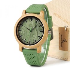 BOBO BIRD Unisex Jepang Analog QUARTZ Mens Womens Wood Watch Green Piringan Silikon Band dengan Green Secondhand Pointer Xmas Terbaik Hadiah-Intl
