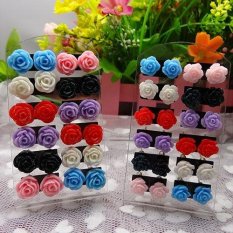 BODHI 12 Pasang Women's Fashion Rose Flower Campuran Warna Bunga Anting-Anting Giwang-Intl