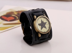 Bounabay Merek Watch Pria Punk Gaya Retro Klasik Bentuk Dial Alloy Case Gelang Kulit Buatan Tangan