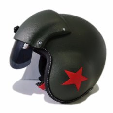 Broco Handmade Helm Pilot Kaca Bro.co Retro Klasik Jap Style Shark Raw Green Army Bintang Red Stars - Hijau