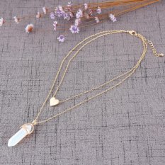 BUY IN COINS Fashion Berbalut Emas Jantung Crystal Opal Batu Alam QUARTZ Liontin Kalung Double Layer Choker Kerah Perhiasan (Putih Turquoise) -Intl