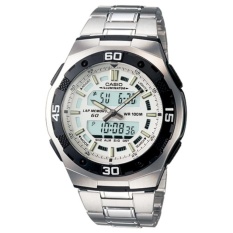 Casio Analog Digital Jam Tangan Pria Original - Strap Rantai Stainless Steel - AQ-164WD-7A Silver