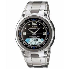 CASIO AW-82D-1AVDF - Illuminator - Fishing Gear - Dual Time - Jam Tangan Pria - Bahan Tali Stainless Steel - Silver