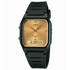 Casio Jam Tangan Pria dan Wanita Original - Dual Time - Water Resistant - Strap Karet - AW-48HE-9A Black Gold