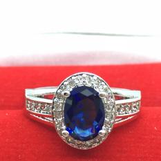 Cincin Lapis Emas Putih Batu Biru Berlian Imitasi Elegan Mewah
