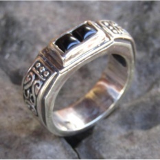 Cincin perak ukir Bali batu double black onyx