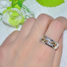 Berkelas Wanita Rhinestone Crystal Titanium Silver dengan Stripe Emas Cincin Kawin Cincin Perhiasan-Intl