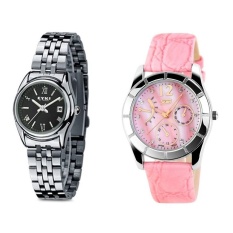 (Pasangan) EYKI E-Kali W8470 Ladies Stainless Steel Watch SilverBlack + SKMEI 6911 Ladiess Fashion Penyempurnaan Yang Elegan Pink GenuineLeather Strap Watch-Intl