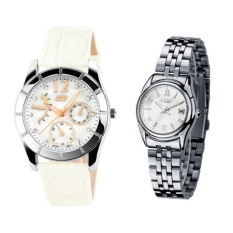 (Pasangan) SKMEI 6911 Ladiess Fashion Elegan Penyempurnaan WhiteGenuine Leather Strap Watch + EYKI E-Kali W8470 Ladies StainlessSteel Watch Silver Putih-Intl