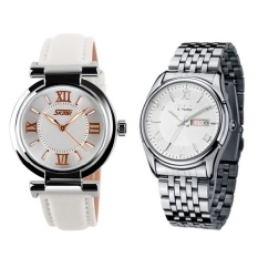 (Pasangan) SKMEI 9075 Ladiess Fashion Elegan Putih Asli Tali Kulit Watch + EYKI E-Kali W8470 Pria Stainless Steel Watch SilverWhite -Intl