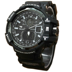 D-ziner Dual Time - Jam Tangan Pria - Hitam List Putih - Rubber Strap - Dz405Hp