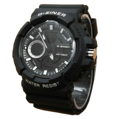 D-ziner Dual Time - Jam Tangan Pria - Hitam List Putih - Rubber Strap - Dz409Hp
