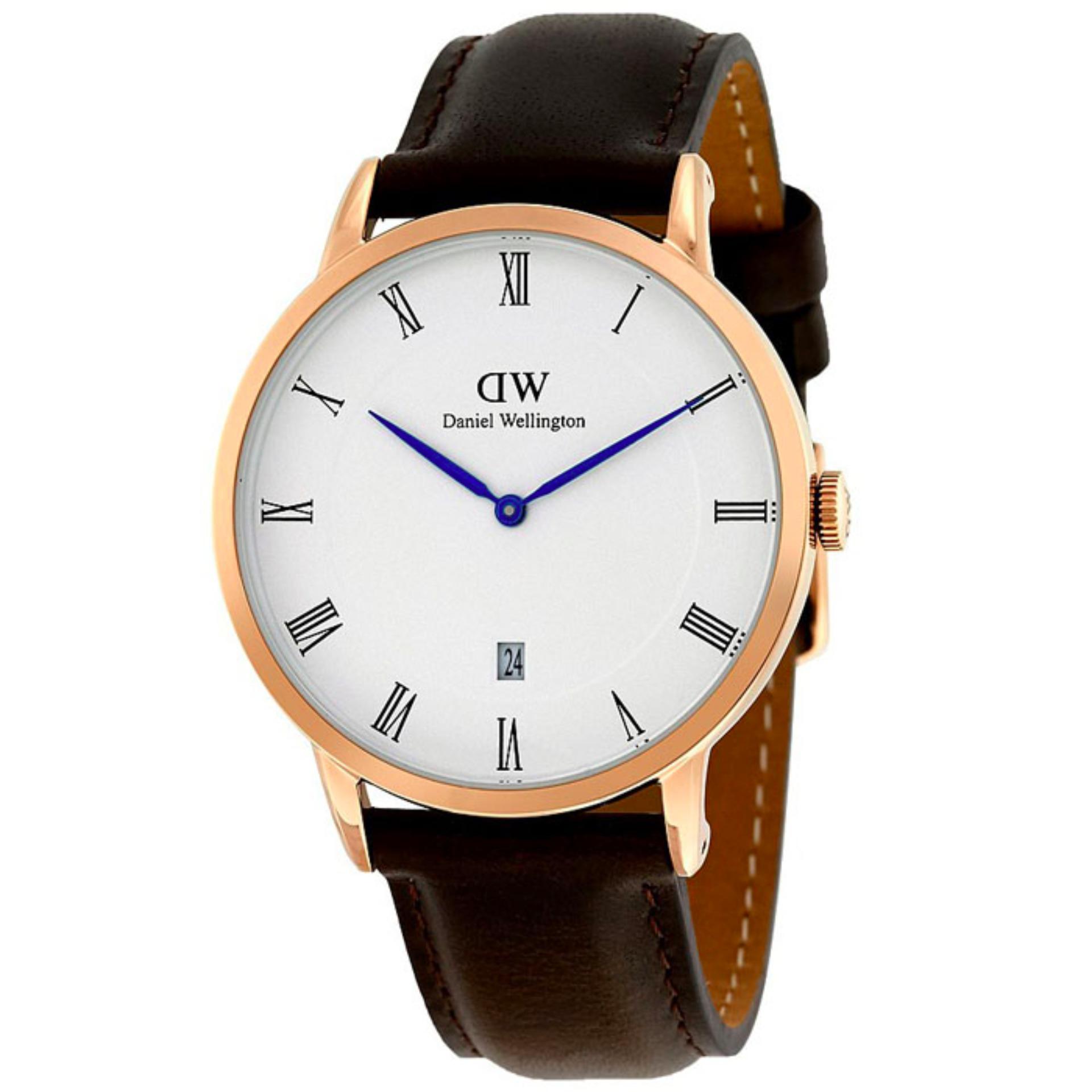 Daniel Wellington Jam Tanga Pria Wanita Strap Kulit 1103DW Dapper Rose Gold Dial Men Women Leather Watch - Brown