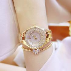 Jam Tangan Wanita Quartz Emas Stainless Steel Bermerk Berhiasi Berlian Imitasi Jam Tangan Mewah Fashion Wanita
