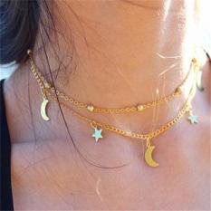 Double-deck Star Moon Pola Kalung Gaya Sederhana Pendek Rantai Perak Emas-Intl