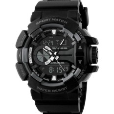 Dual Time Men Sport LED Watch Anti Air Water Resistant WR 50m PC050RM Jam Tangan Pria Tali Strap Karet Digital Alarm Wristwatch Wrist Watch Fashion Accessories Stylish Trendy Model Baru Sporty Design - Hitam Abu