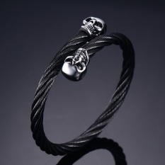 Elastis Adjustable Mens Baja Hitam Twisted Kabel Cuff Gelang Double Sliver Tengkorak dan Putih CZ Batu
