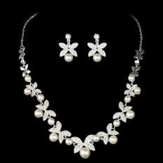 Mewah Elegan Diamante Berlian Imitasi Kalung Mutiara + Anting-anting Set Pernikahan-Internasional