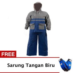 Elephant Jas Hujan Jaket Celana Abu abu - Biru + Gratis Wolfen - Sarung Tangan Wolfen Full - Biru