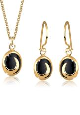 Elli Germany 925 Sterling Silver Set Kalung & Anting Lapis Emas 24K Elegant Onyx Black Hitam