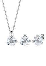 Elli Germany 925 Sterling Silver Set Kalung & Anting Heart Swarovski Crystals Grey Abu - abu