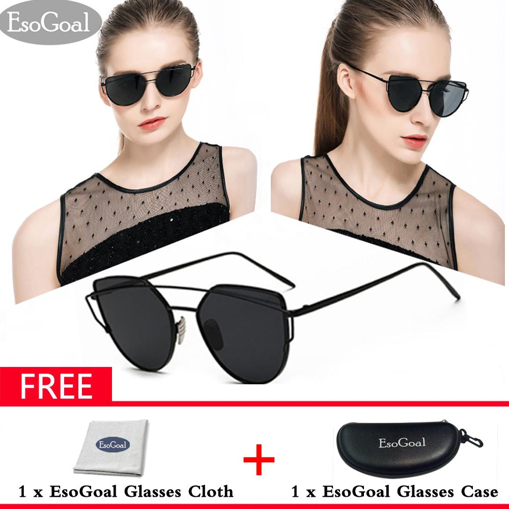 EsoGoal Kucing Mata Sunglasses Mirrored Flat Lensa Bingkai Logam Women Eyewear With Case, Hitam Abu-abu