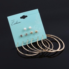 Fancyqube 6 Pcs/set Diamond Pearl Crystal Anting Punk Round Earrings Perhiasan Set Emas-Intl
