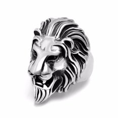 Fancyqube Fashion Tren Perhiasan Baja Titanium Perhiasan Alternatif Lion Kepala Cincin Hewan Burst Model Silver-8-Intl
