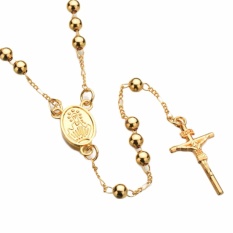 Fancyqube Gold Silvertone Manik-manik Baja Anti-karat Rantai Yesus Kristus Liontin Salib Kalung Rosario Pria Perhiasan Wanita H01-Intl