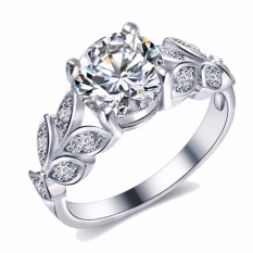 Fancyqube Baru Pernikahan Putih Zircon Cincin Bunga Love Engagement Mewah Crystal Daun Cincin untuk Wanita Perhiasan Perak-6 -Intl
