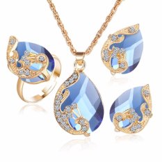 Fancyqube Grosir Emas Plated Austria Merak Tiga Potong Crystal Zircon Water Drop Liontin Kalung Earring Ring Set Wanita Bijouterie Biru (Putih) -Intl