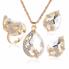 kesukaanqube Grosir emas peacock Austrian berlapis tiga potong crystal zircon air drop pendant kalung anting-anting ring set perempuan perhiasan putih (White)