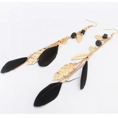 Fancyqube Women's Fashion India BOHO Perhiasan Pohon Daun Bulu Jumbai Panjang Drop Earrings Bohemian Etnis Vintage Pesona Retro Earrings Hitam-Intl