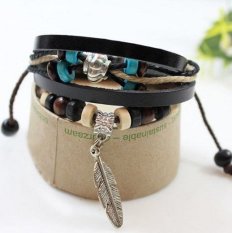 Fancytoy 1 Pcs Baru Gaya India Kayu Bead Wrist Gelang Kulit Gelang Bulu