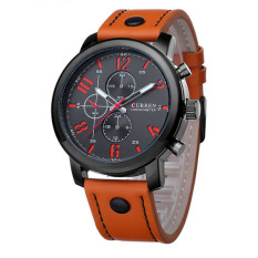 Fancytoy Pria Tahan Air Kulit Baja Anti Karat Olahraga Jam Tangan Kuarsa Analog Watch Tali Oranye Hitam Panggil--Intl