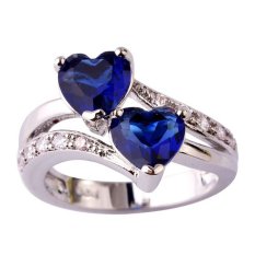 Fang Fang Baru Fashion Safir QUARTZ & Putih Topaz Jantung Bentuk Romantis Pernikahan Cincin Perak (Dark Blue) Cincin Ukuran 9-Intl