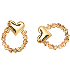 Fang Fang Wanita Heart Crystal Rhinestone Round Lingkaran Anting Giwang Telinga (Emas)