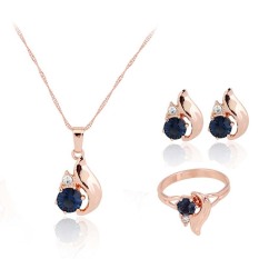 Fang Zirkon Emas Berlapis Perempuan Pernikahan Pasangan Anting-Anting Kalung Cincin Perhiasan Set (Biru)