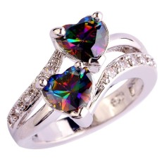 Mode Kekasih Perhiasan Jantung Memotong Rainbow & Putih Topaz Gemstone Silver Ring-Intl