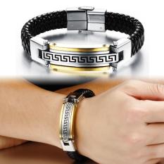 Fashion Pria Perhiasan Berlapis Emas Pria Besar Dinding Pola Menenun Kulit Asli Stainless Steel Gelang Gelang-Internasional