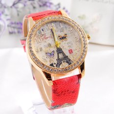 Fashion Paris Style Tower Butterfly PU Kulit Jam Tangan Wanita Merah
