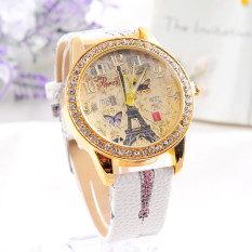 Fashion Paris Style Tower Butterfly PU Kulit Jam Tangan Wanita Putih