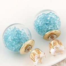 Fashion Wanita Diamond Sterling Emas Rhinestone Crystal Stud Earrings Perak Pearl Berlapis Retro Manset Klip Kancing Giwang Bunga Telinga Elegan Perhiasan (biru Muda) -Intl