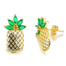 Fashion Wanita Gold Berlapis Kancing Nanas Anting-Anting Bertatahkan Hijau Anting-Anting Kristal Gaun Perhiasan Aksesoris 21 Mm-Intl