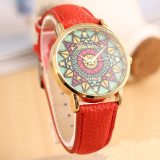 Genvea Warna Kompas Emas Dial Leather Band Wanita QUARTZ Jam Tangan Merah
