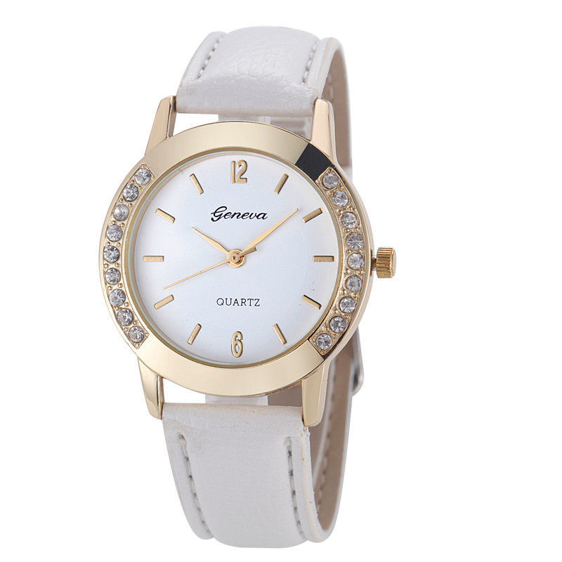 GETEK Geneva Fashion Wanita Berlian Klasik Jam Tangan Analog Leather QUARTZ Wrist Watch (Putih)