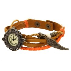Gadis Vintage Retro Sayap Gelang Kulit Imitasi Kuarsa Jam Tangan Menenun Orange