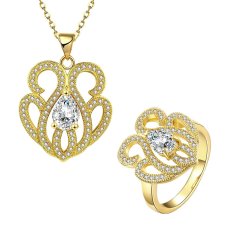 Glisten Perhiasan Set Party Kuningan Wanita Zirkon Cincin Berlapis Emas Kalung dengan Bentuk Bunga