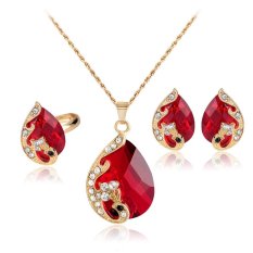 Emas Plated Austria Peacock Crystal Set Anting Kalung Adjustable Rings-Merah-Intl