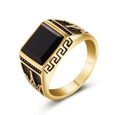 Pria Berlapis Emas Masonic Ring dengan Cincin Kawin Hitam Batu Stainless Steel untuk Pria Freemasonry Cincin Bague Homme-Intl